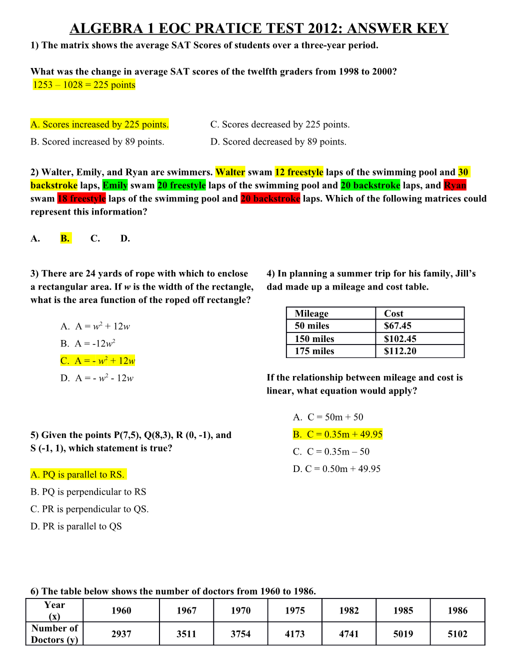Algebra 1 Eoc Pratice Test 2012: Answer Key