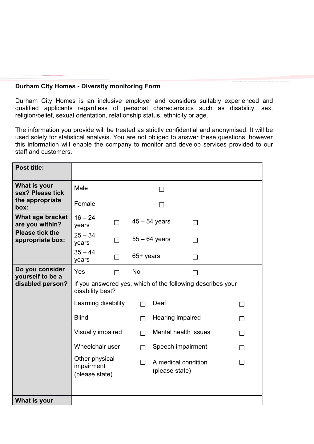 Durham City Homes - Diversity Monitoring Form