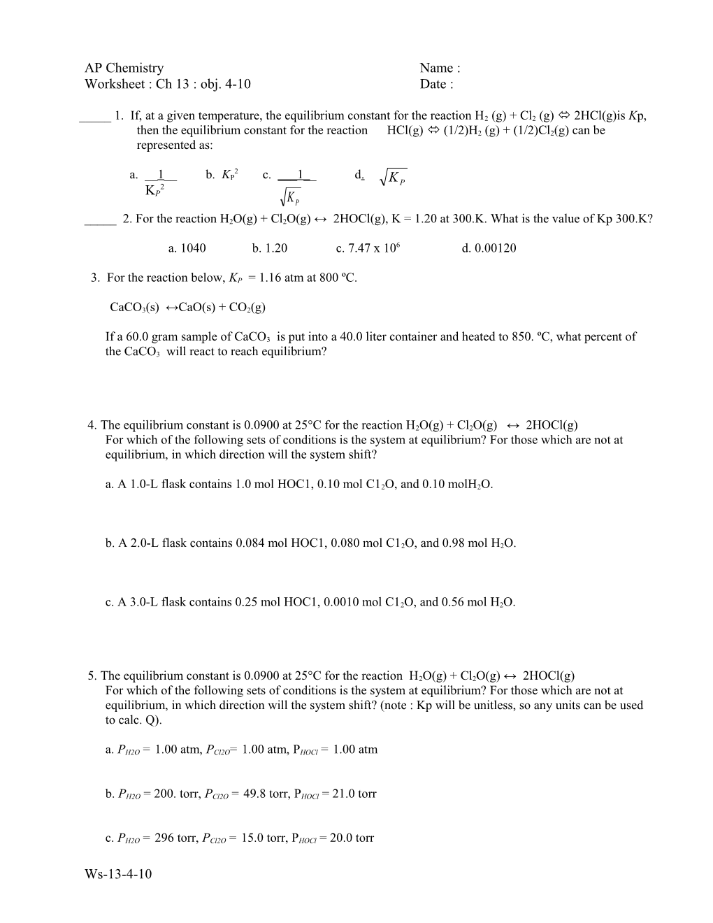 Worksheet : Ch 13 : Obj. 4-10Date