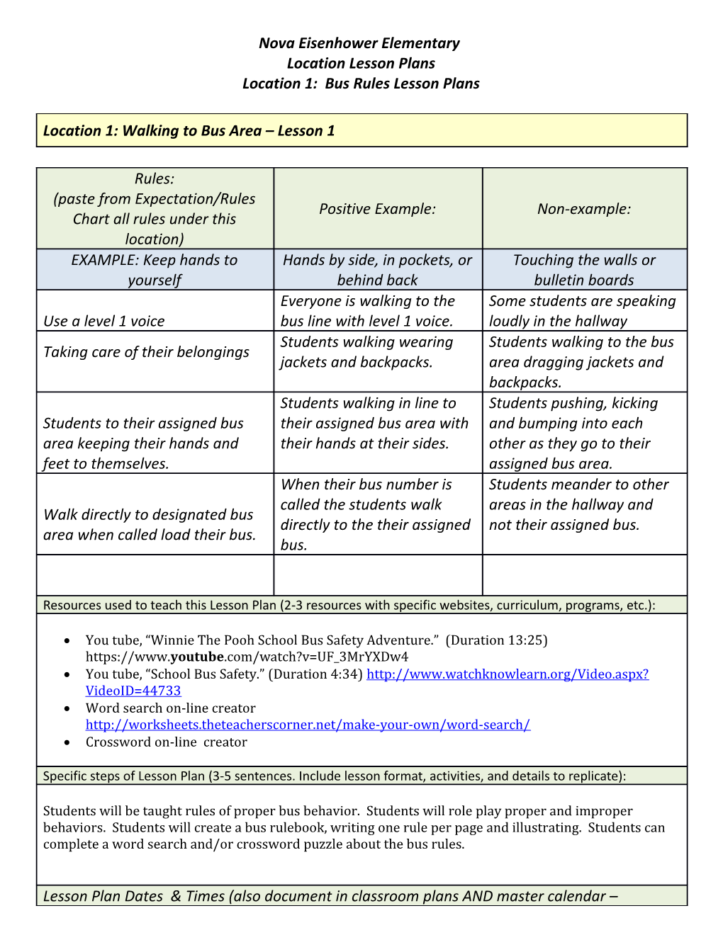 Location 1: Bus Rules Lesson Plans