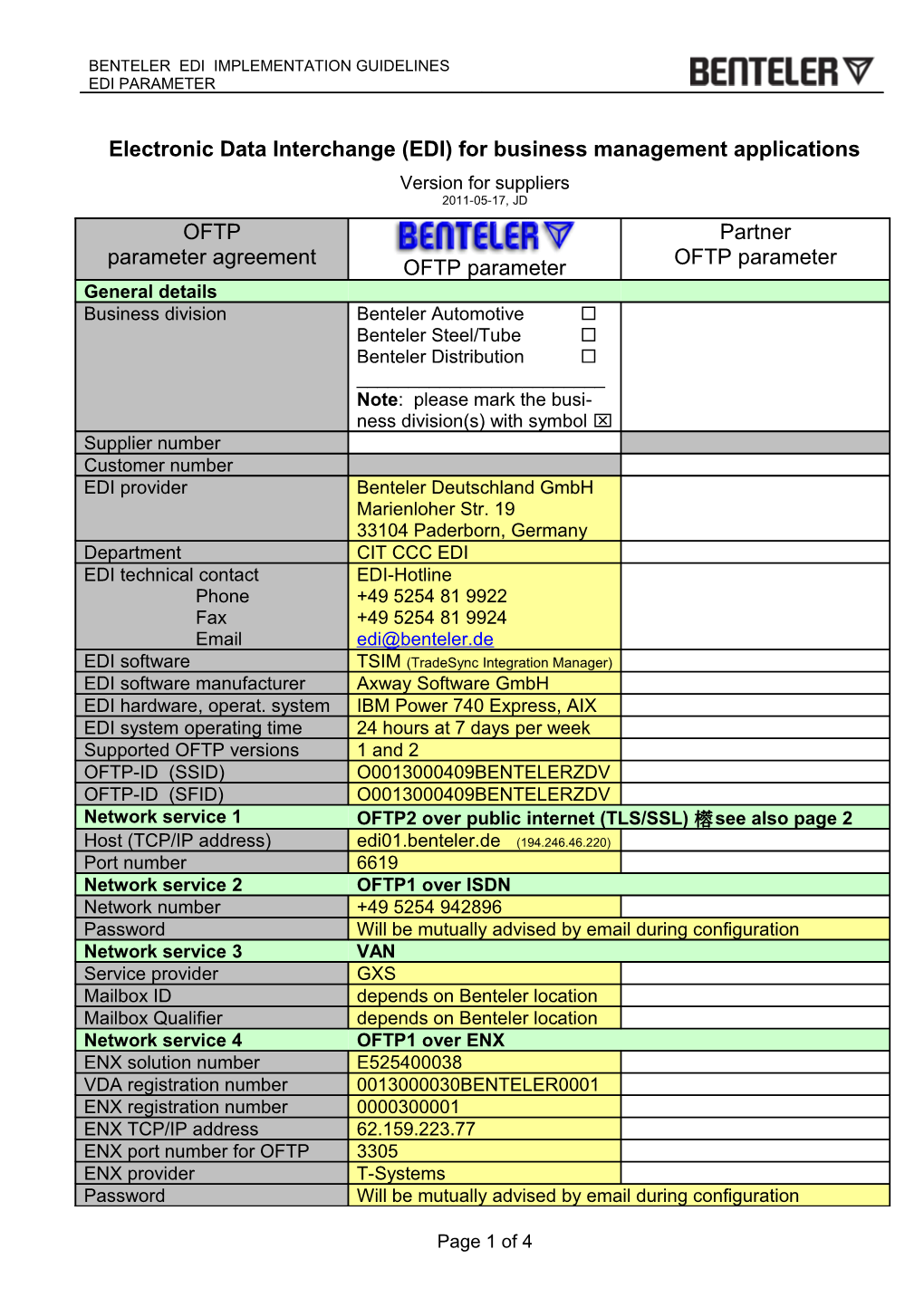 ODETTE Parameter Agreement for Suppliers