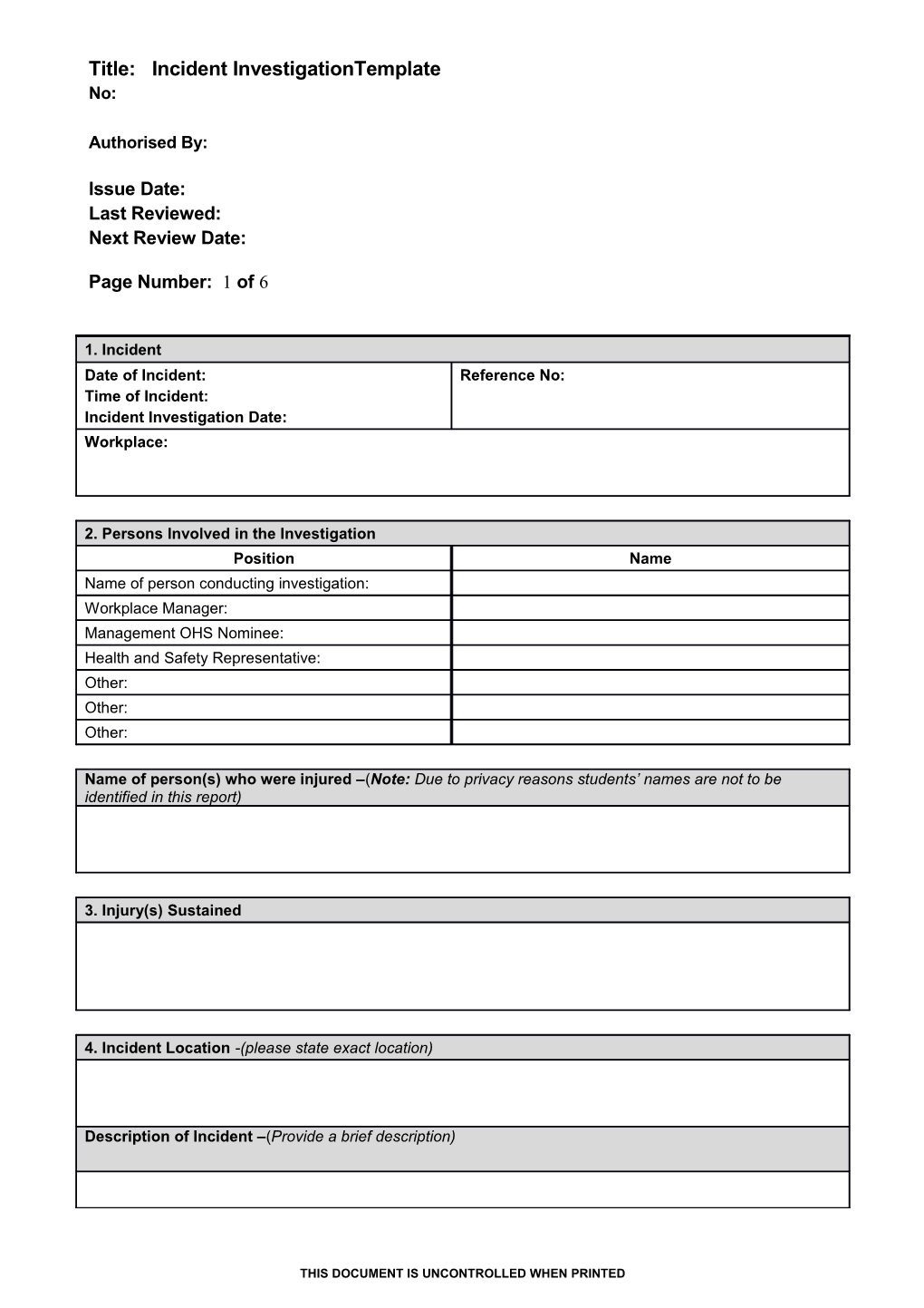 Incident Investigation Template