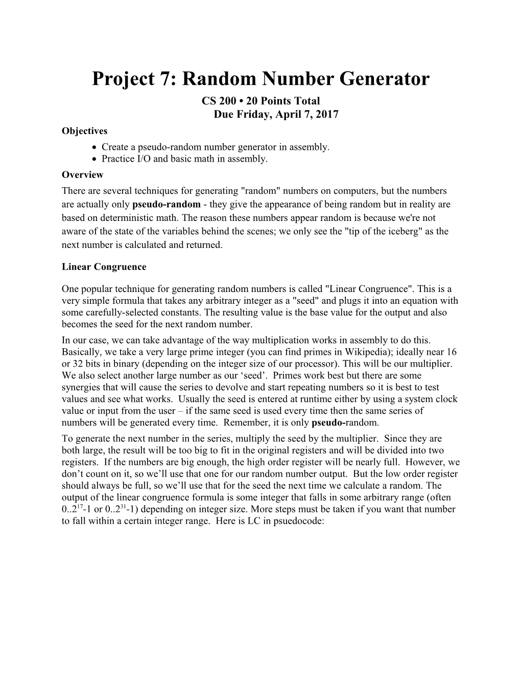 Project 7: Random Number Generator