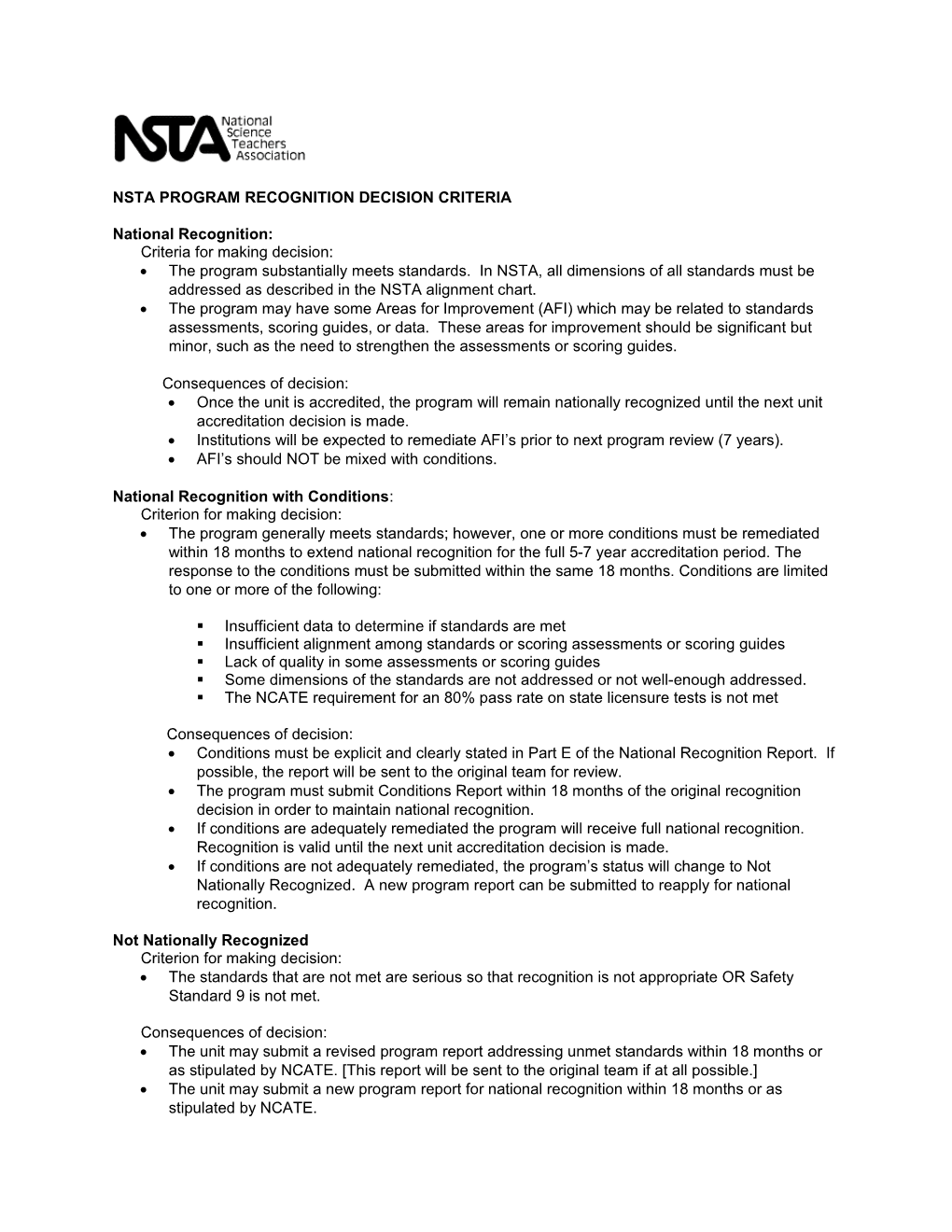 Nsta Program Recognition Decision Criteria