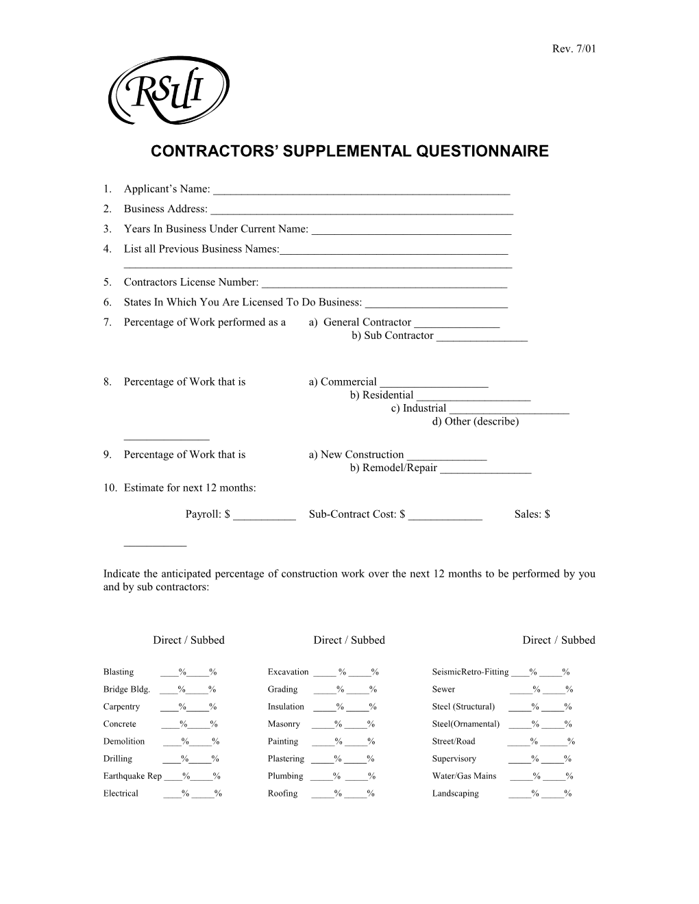 Contractors Supplemental Questionnaire