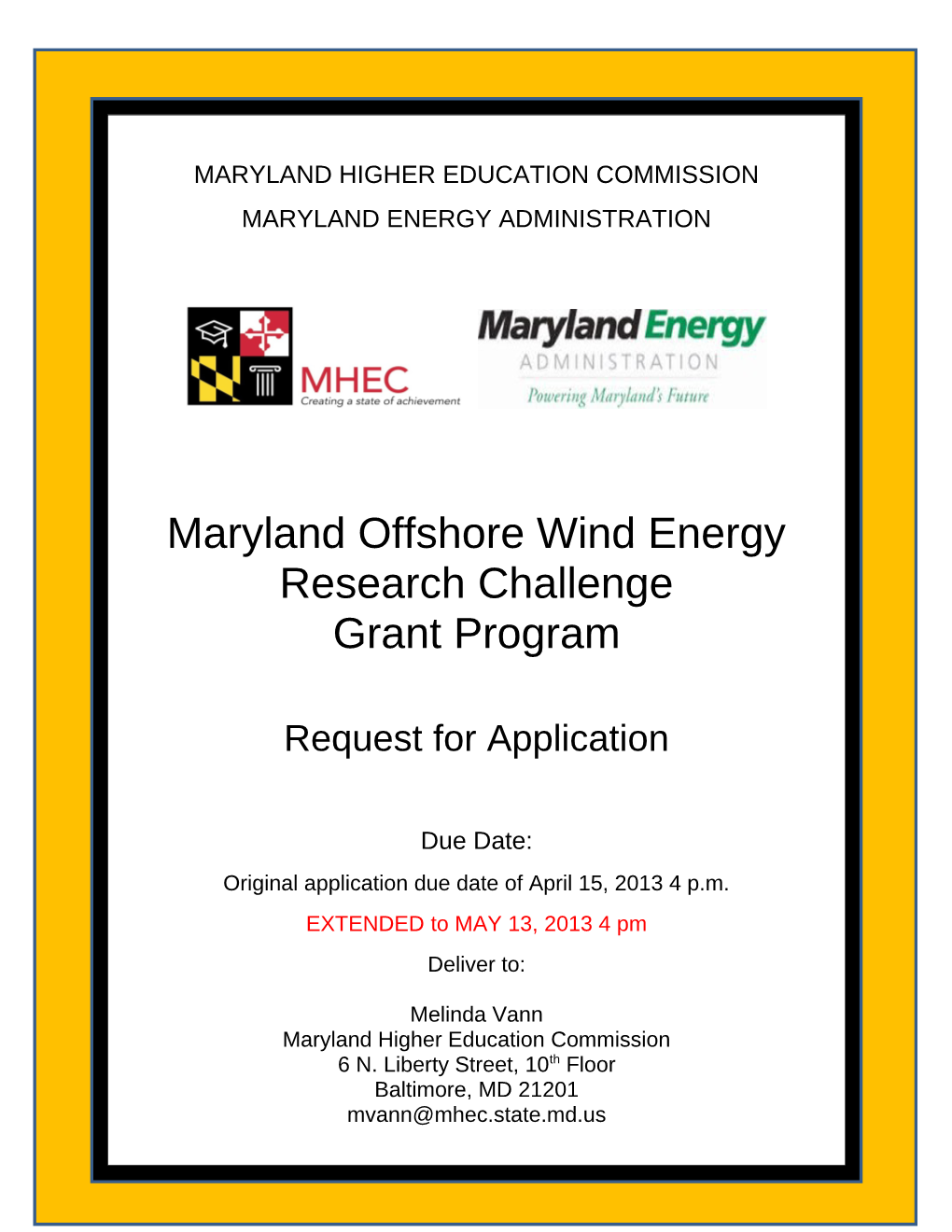 FY 2013 Maryland Offshore Wind Energy Research Challenge Grant Program