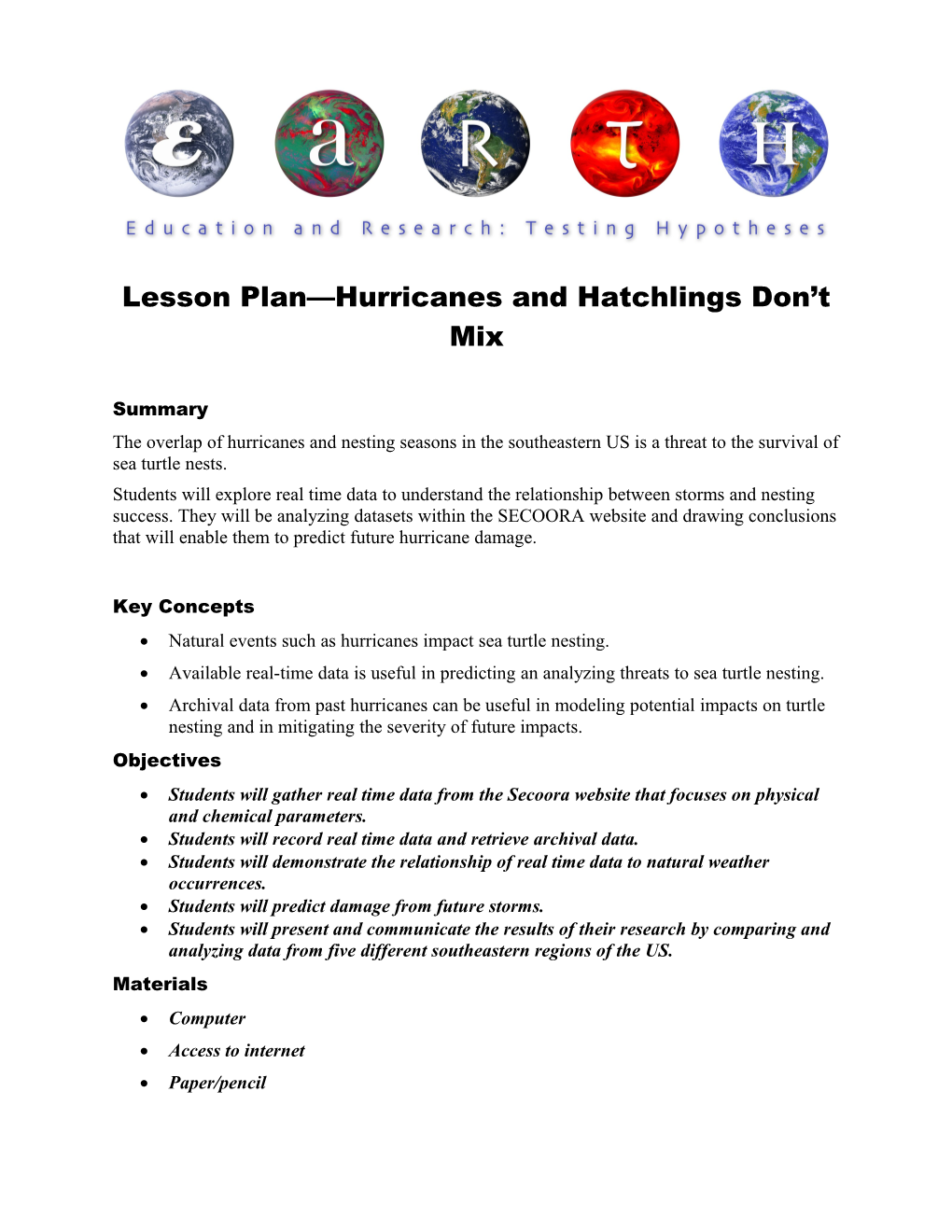 Lesson Plan Hurricanes and Hatchlings Don T Mix