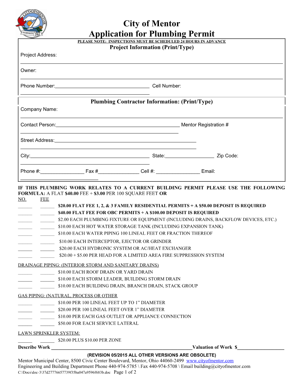 Application for Plumbing Permit