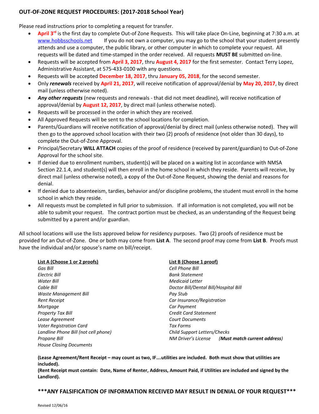 OUT-OF-ZONE REQUEST PROCEDURES: (2017-2018 School Year)