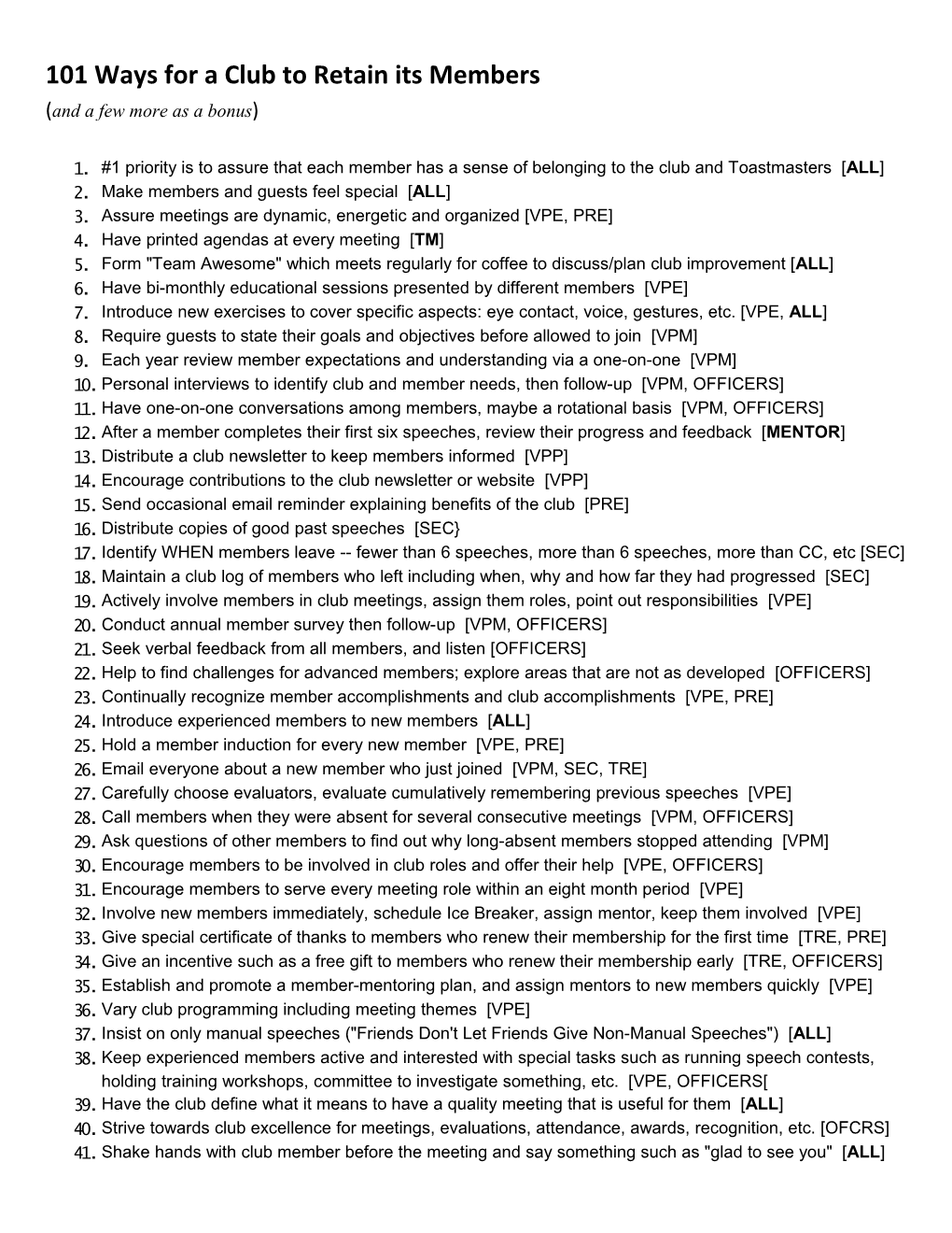 101 Ways for a Club to Retain Its Members