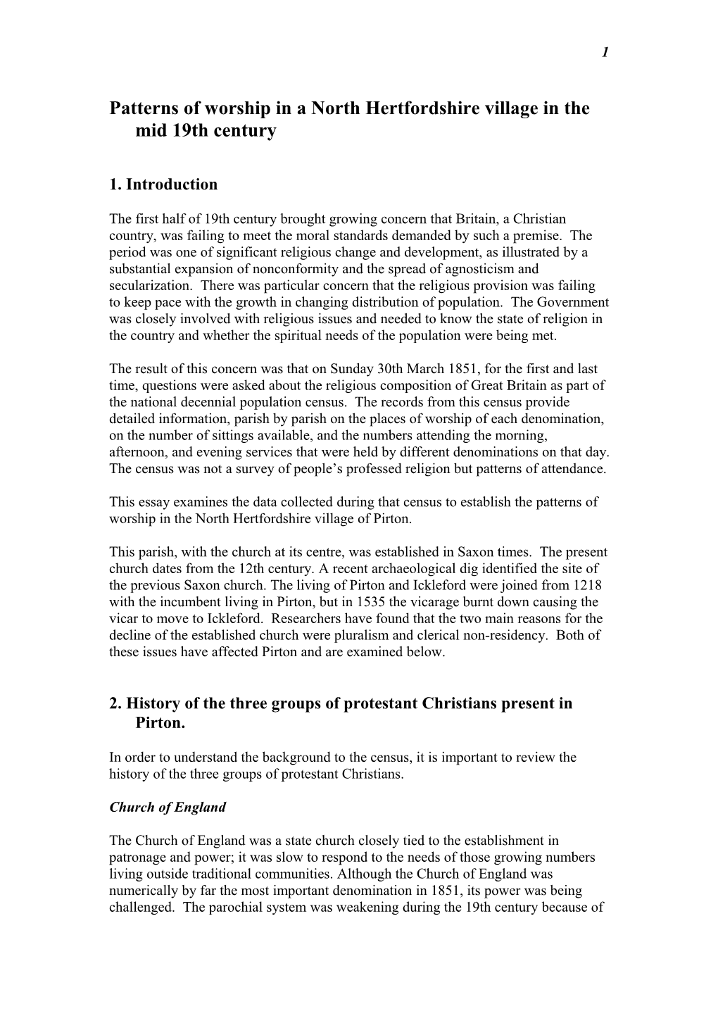 Patterns of Worship in a North Hertfordshire Village in the Mid 19Th Century