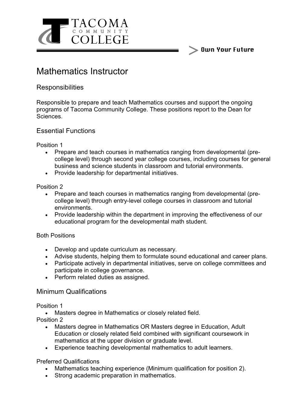 Mathematics Instructor