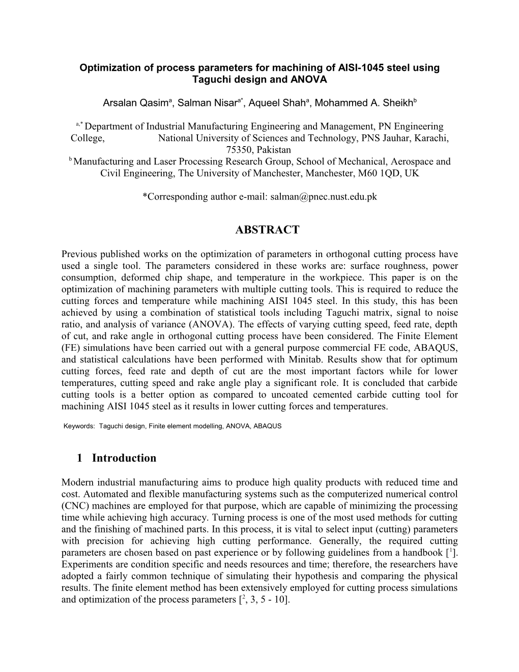 Optimizationof Process Parameters for Machining of AISI-1045 Steel Using Taguchi Design