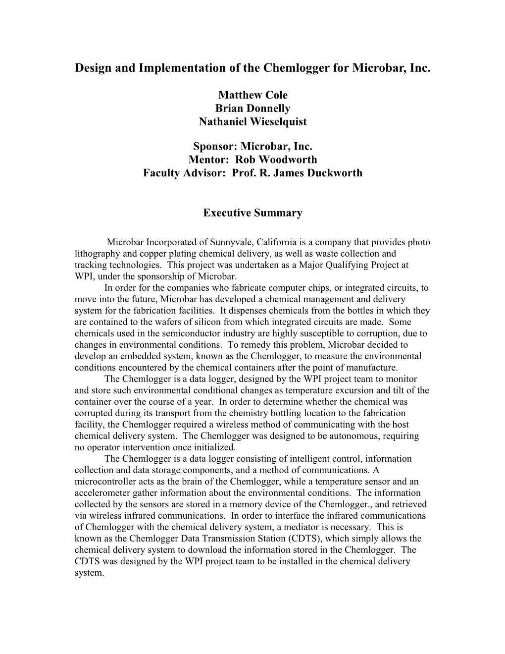 Design and Implementation of the Chemlogger for Microbar, Inc