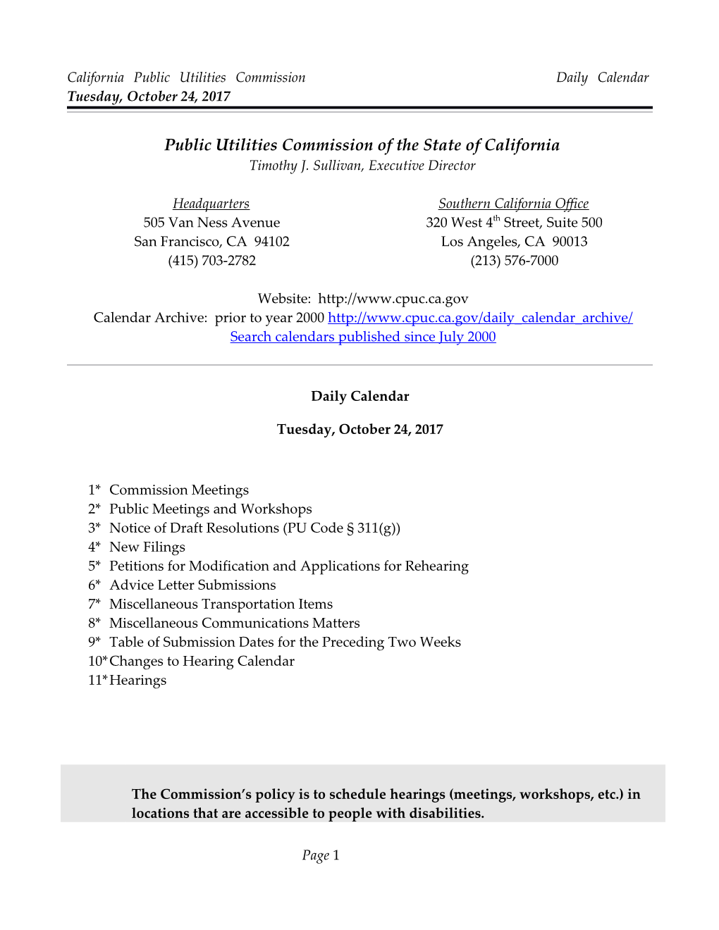 California Public Utilities Commission Daily Calendar Tuesday, October 24, 2017
