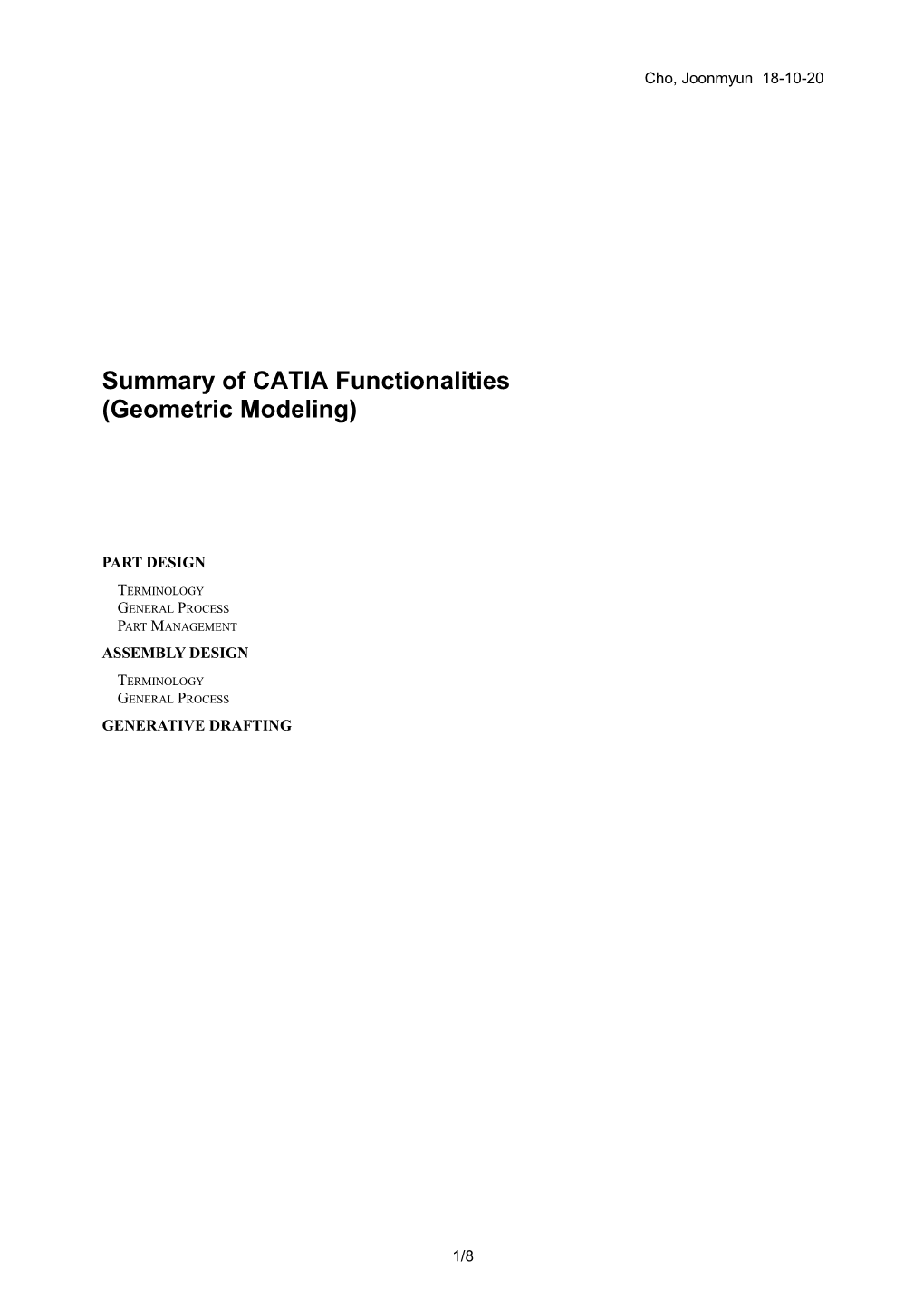 Summary of CATIA Functionalities (Geometric Modeling)