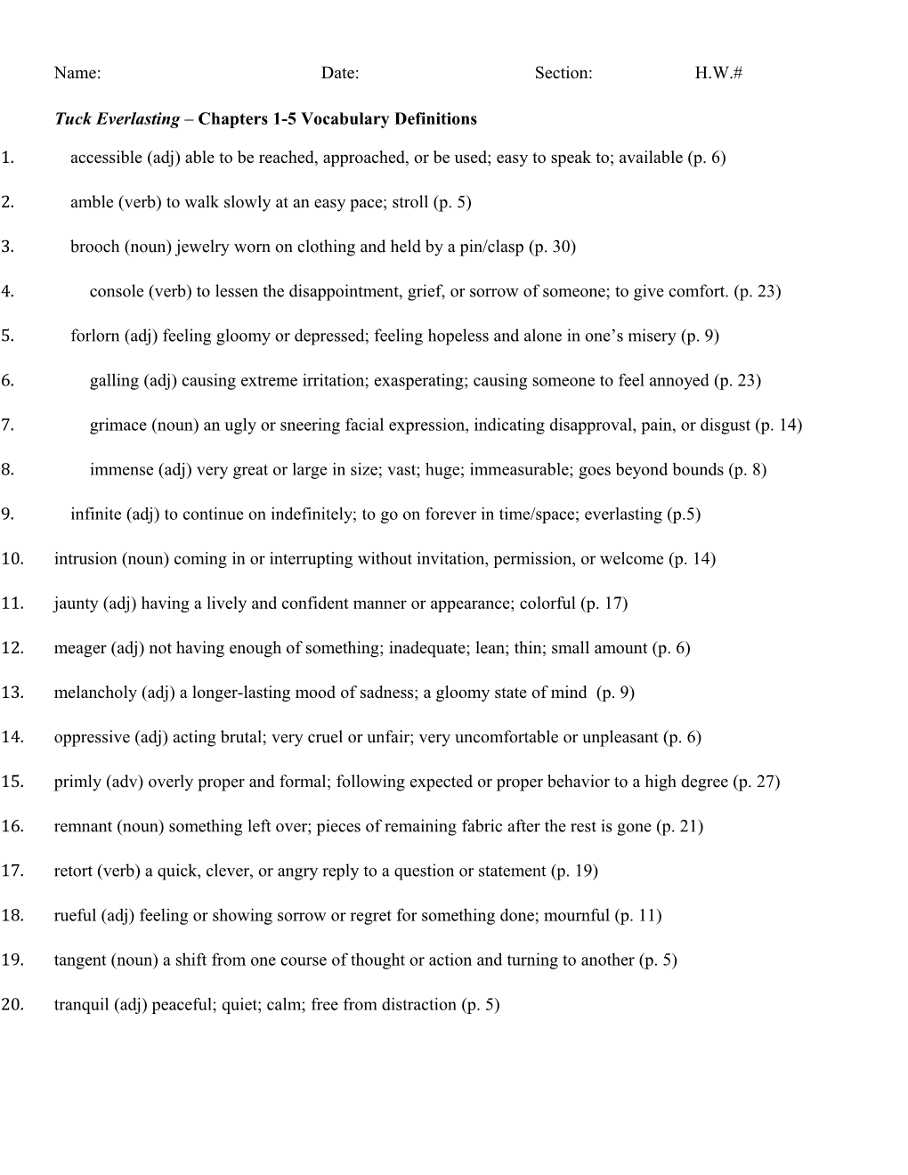 Tuck Everlasting Chapters 1-5 Vocabulary Definitions