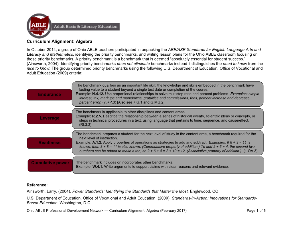 Curriculum Alignment: Algebra