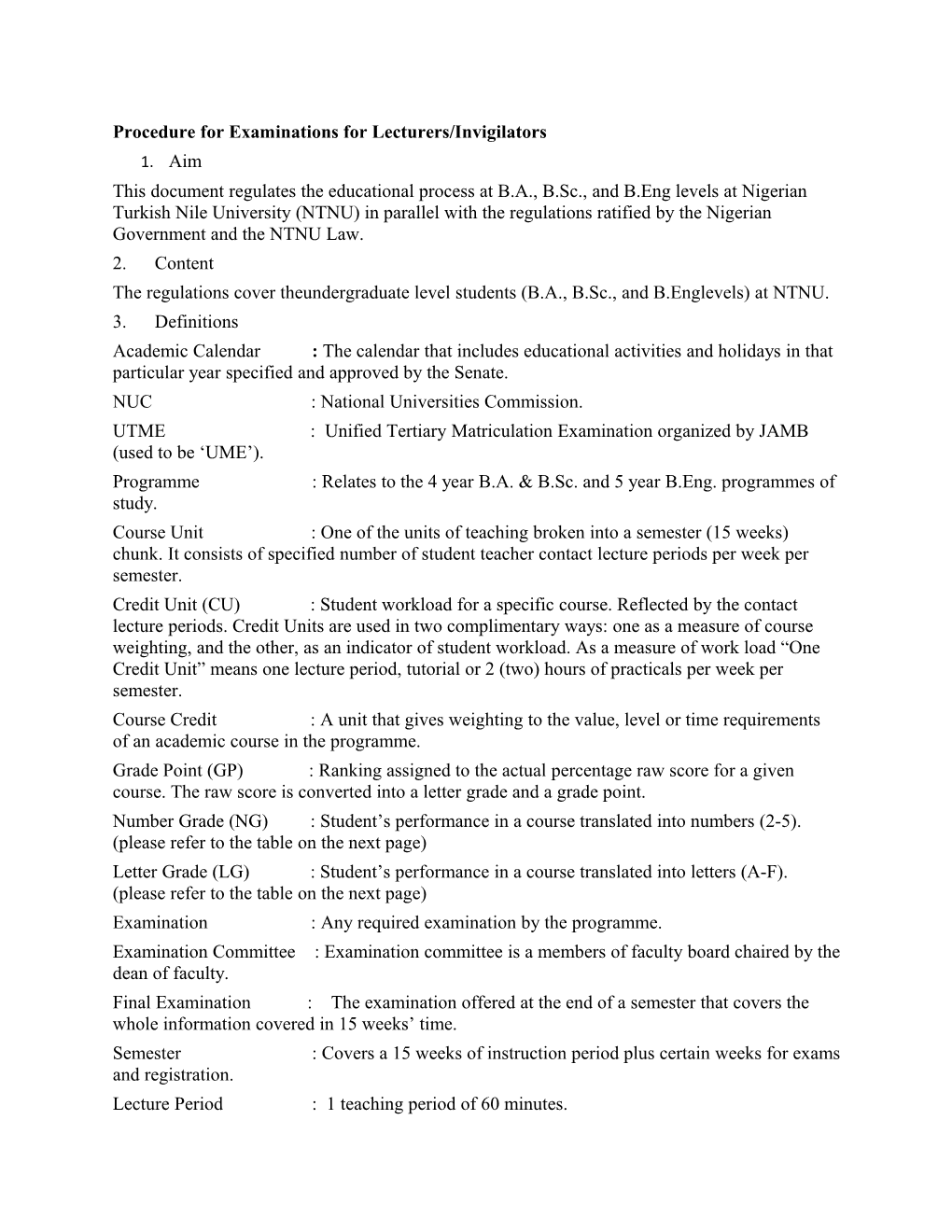 Procedure for Examinations for Lecturers/Invigilators