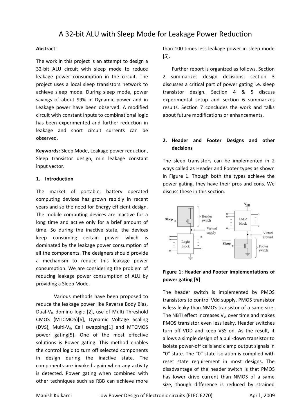 A 32-Bit ALU with Sleep Mode for Leakage Power Reduction