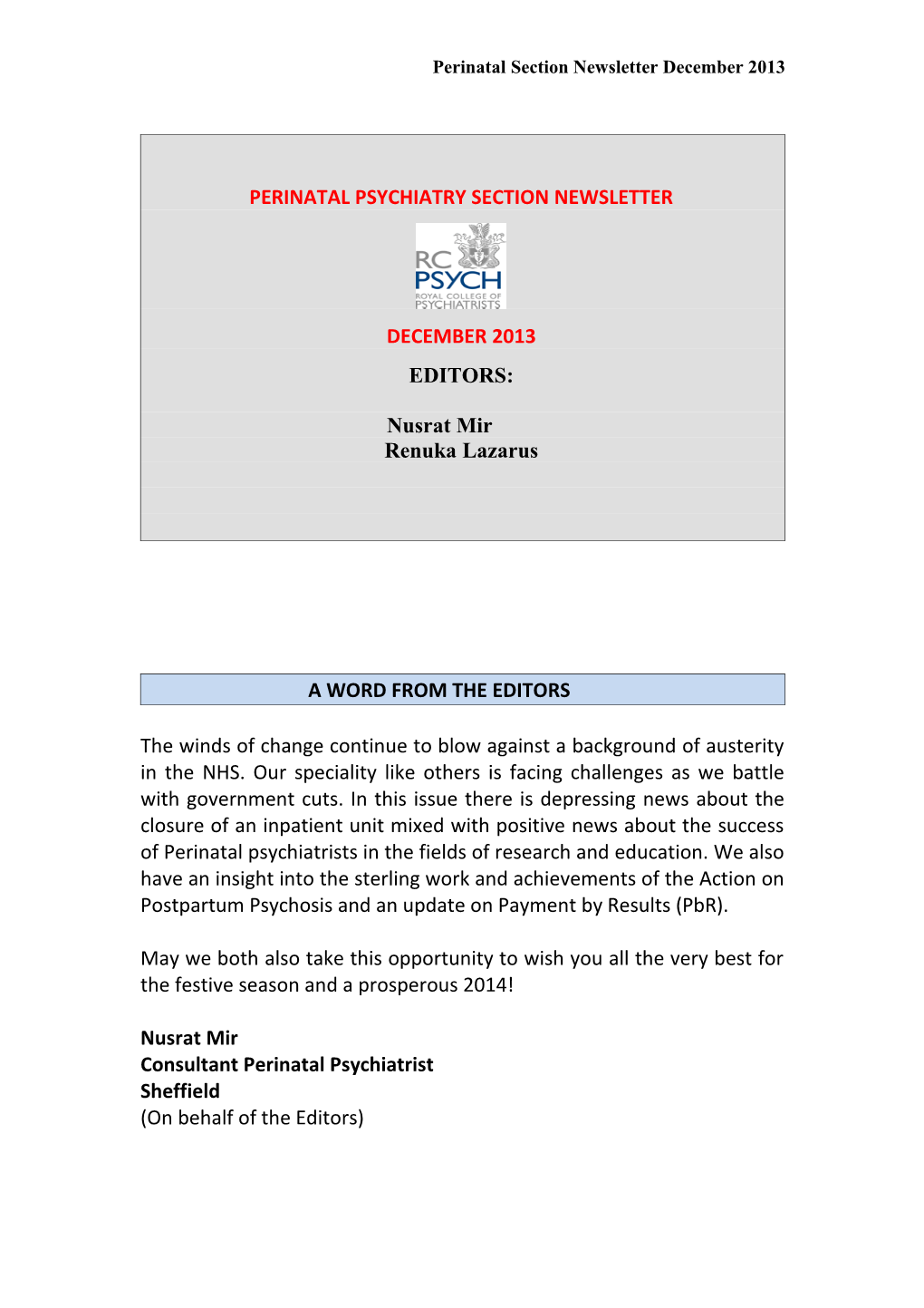 Perinatal Psychiatry Section Newsletter