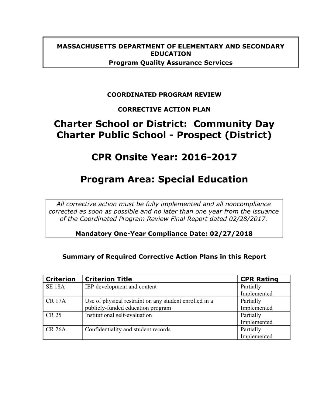 Community Day Charter School - Prospect CAP 2017