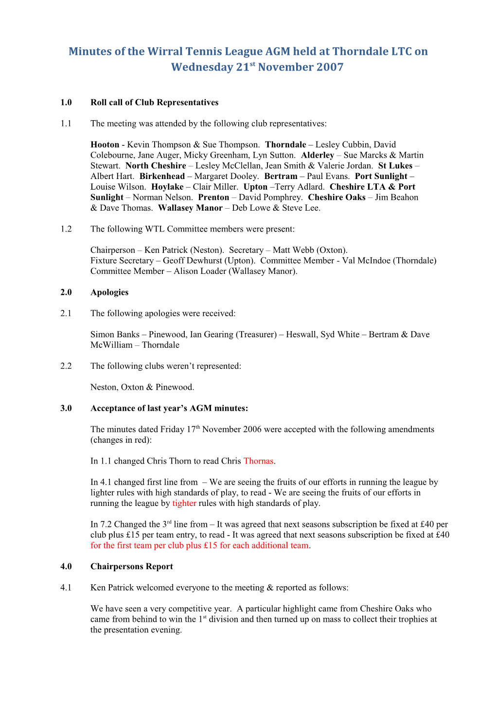 Minutes of the Wirral Tennis League AGM Held at Thorndale LTC on Wednesday 21St November 2007