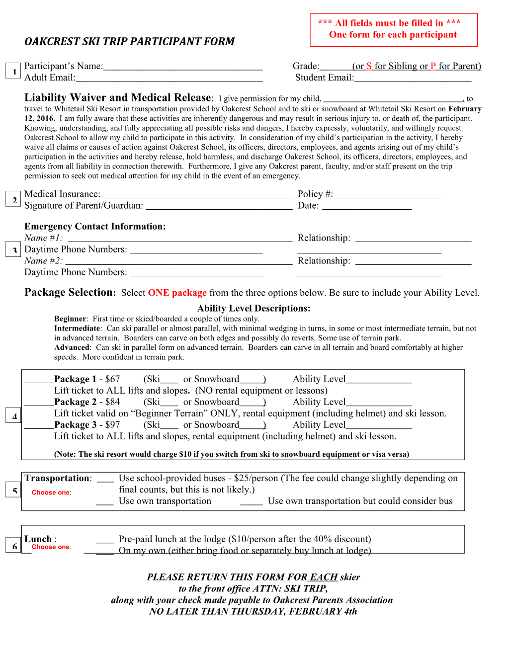 Oakcrest Ski Trip Participant Form