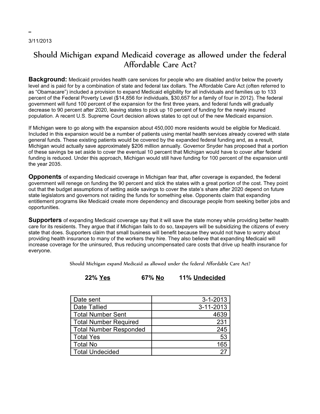 Should Michigan Expand Medicaid Coverage As Allowed Under the Federal Affordable Care Act?