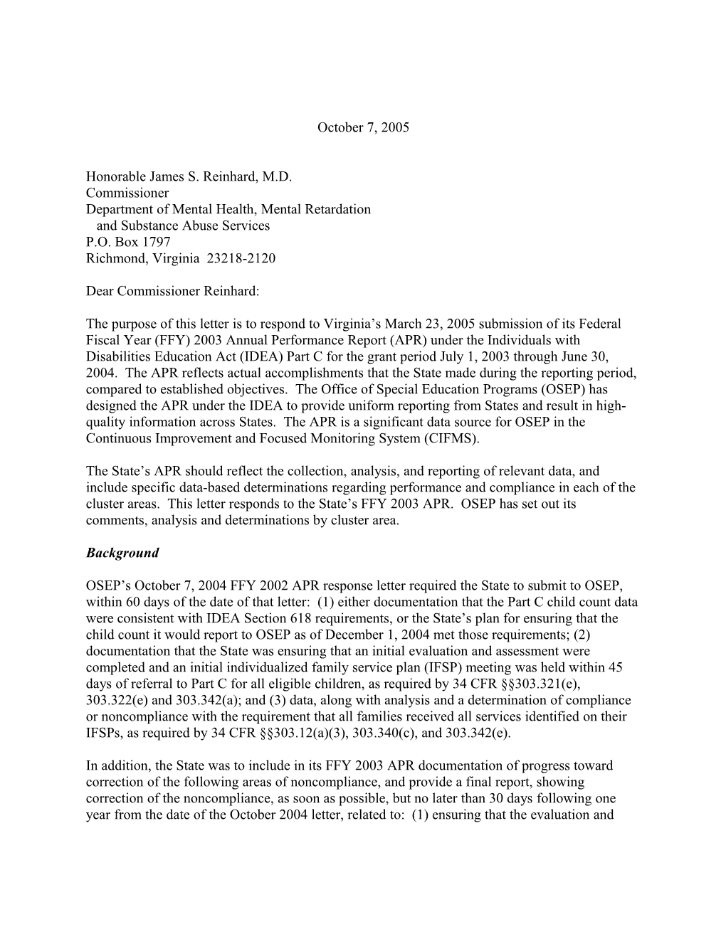 Virginia Part C APR Letter for Grant Year 2003-2004 APR Letter (Msword)