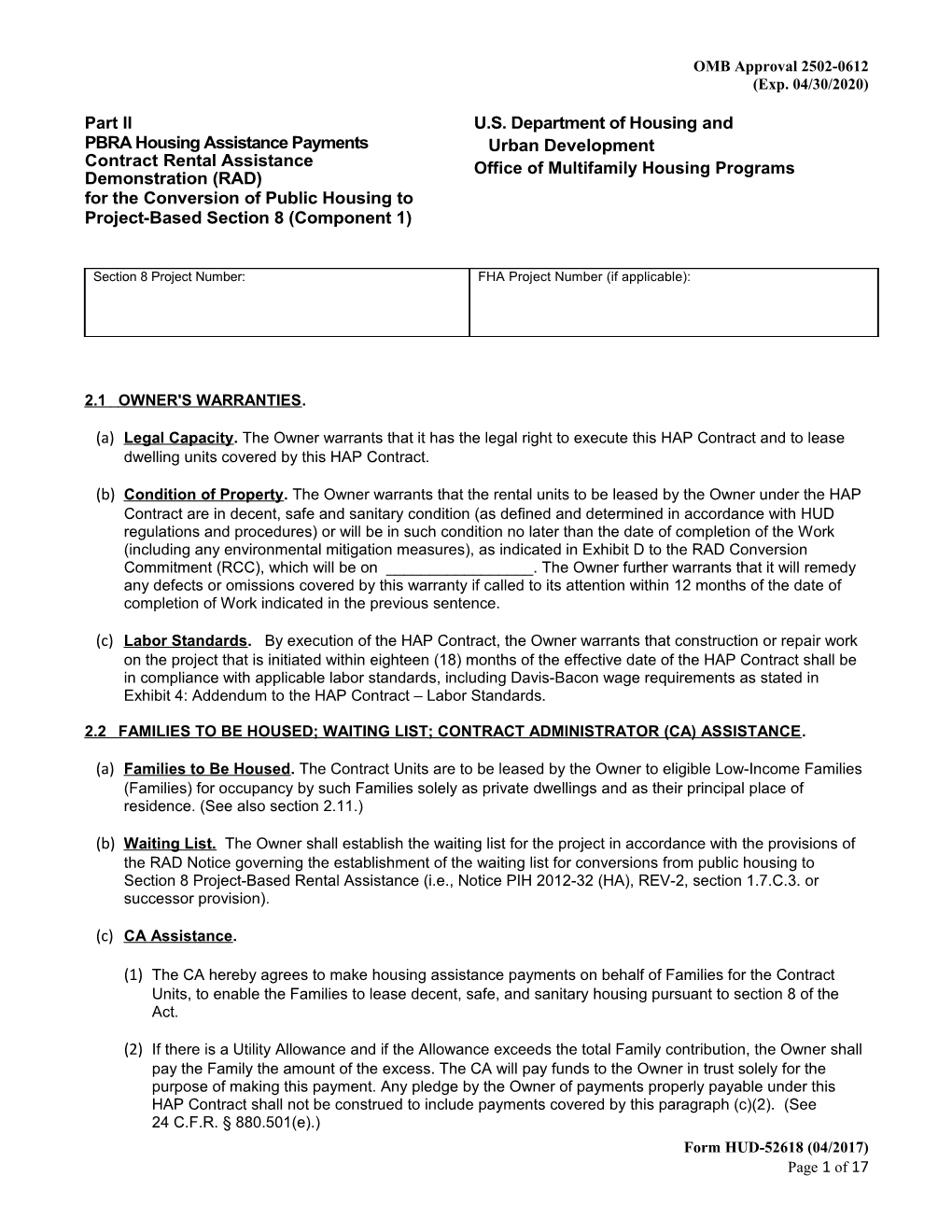 Part II PBRA Housing Assistance Payments Contract RAD First Component