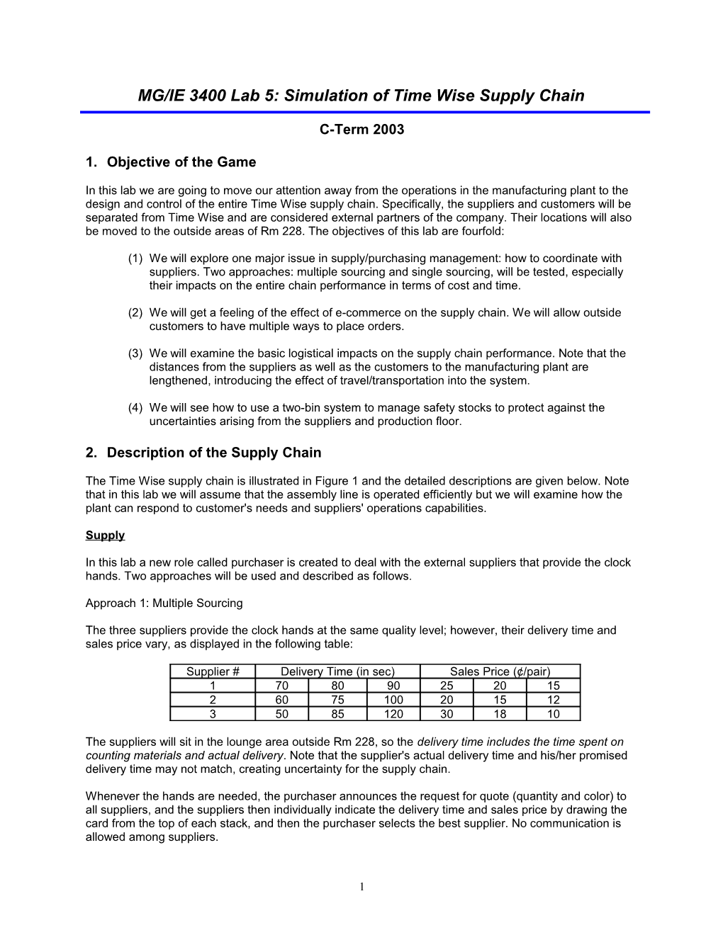 MG/IE 3400 Lab 5: Simulation of Time Wise Supply Chain