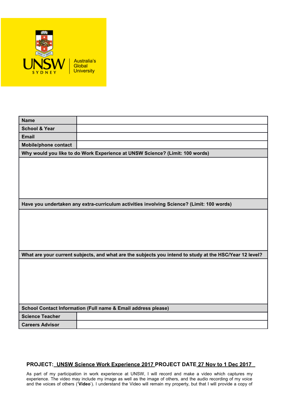 PROJECT: UNSW Science Work Experience 2017 PROJECTDATE27 Nov to 1 Dec 2017