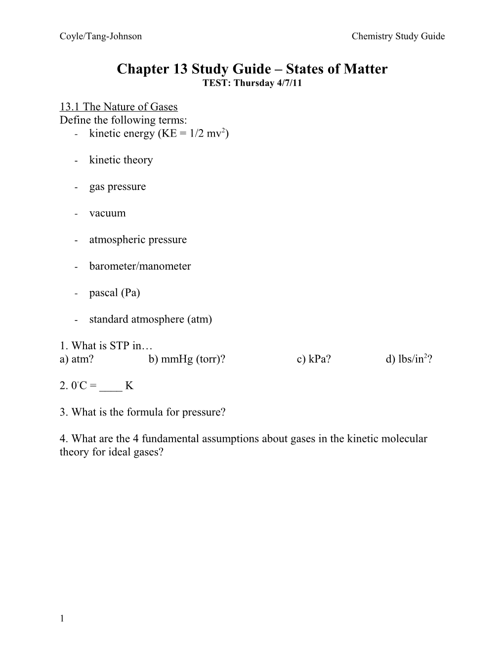 Chapter 13Study Guide States of Matter