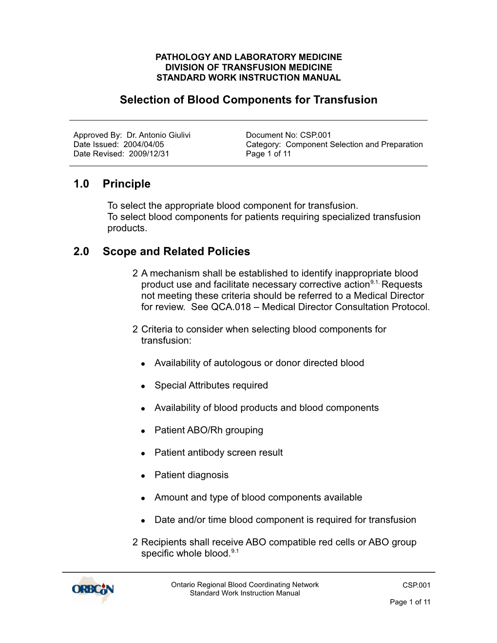 CSP.001 Selection of Blood Components for Transfusion