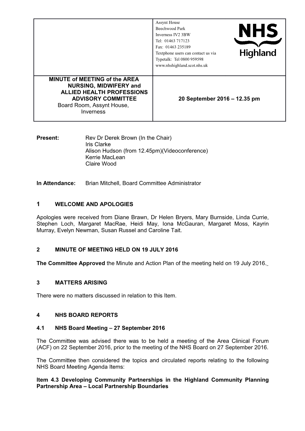 MINUTE of MEETING of the AREA NURSING, MIDWIFERY and ALLIED HEALTH PROFESSIONS ADVISORYCOMMITTEE