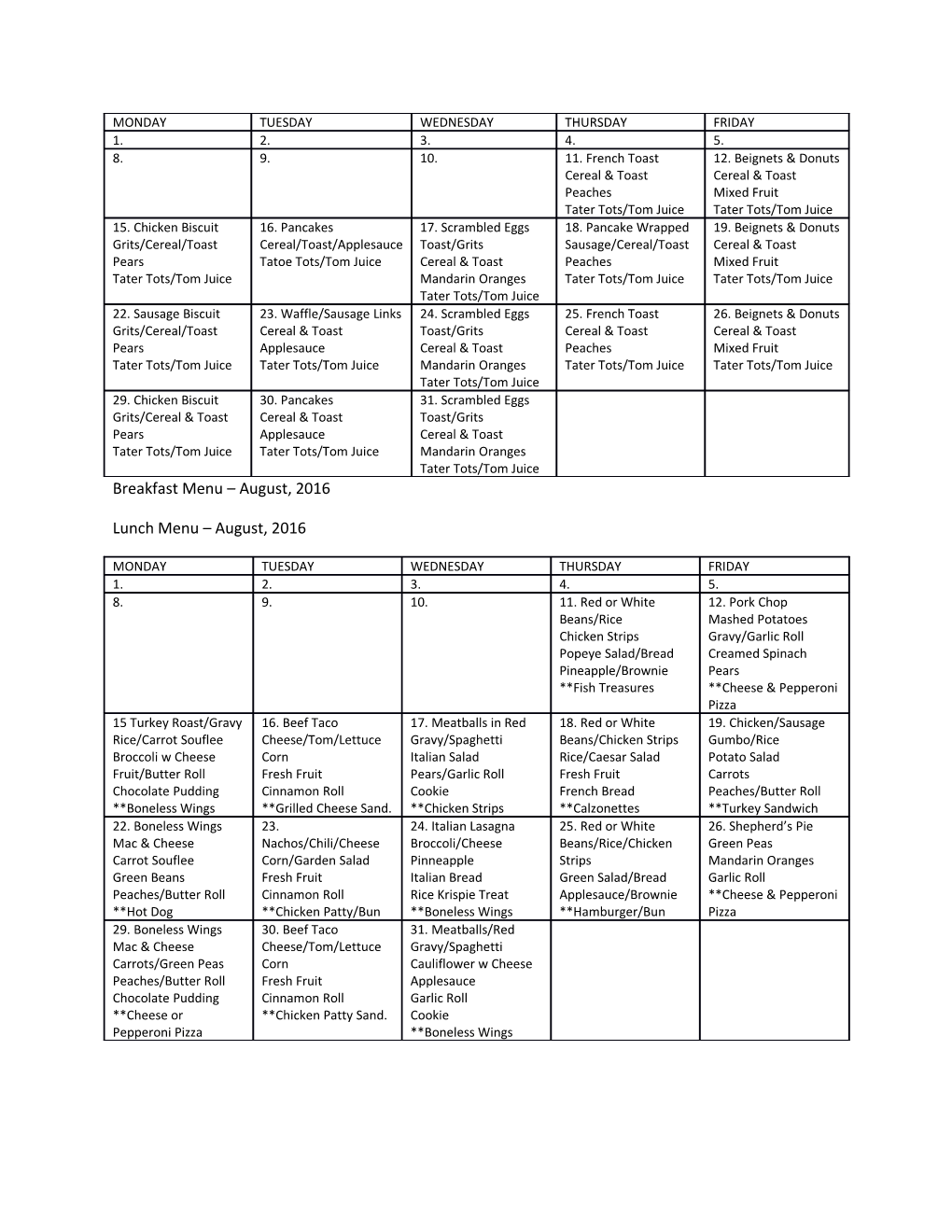 Breakfast Menu August, 2016