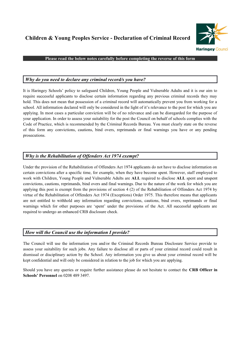 Children & Young Peoples Service - Declaration of Criminal Record