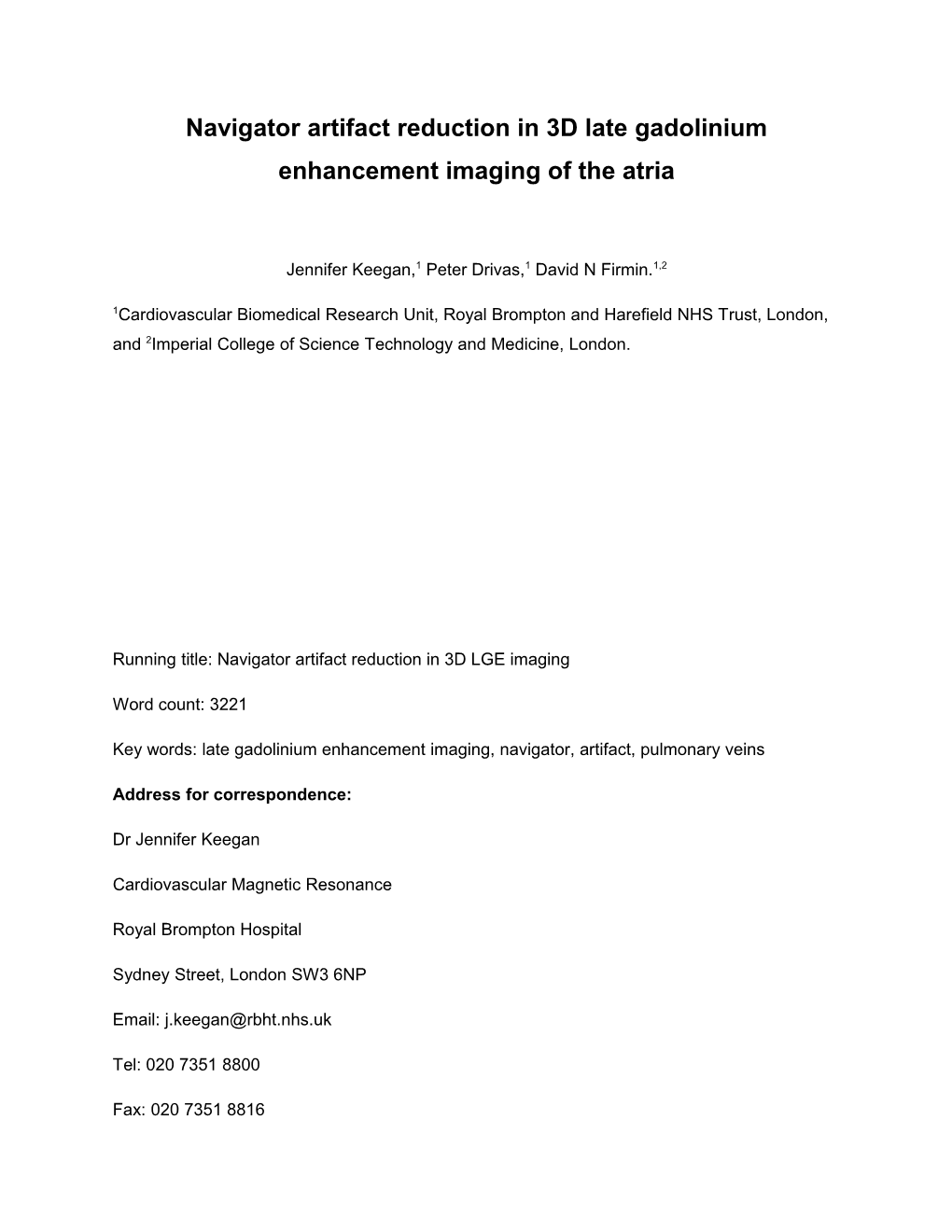 Navigator Artifact Reduction in 3D Late Gadolinium Enhancement Imaging of the Atria