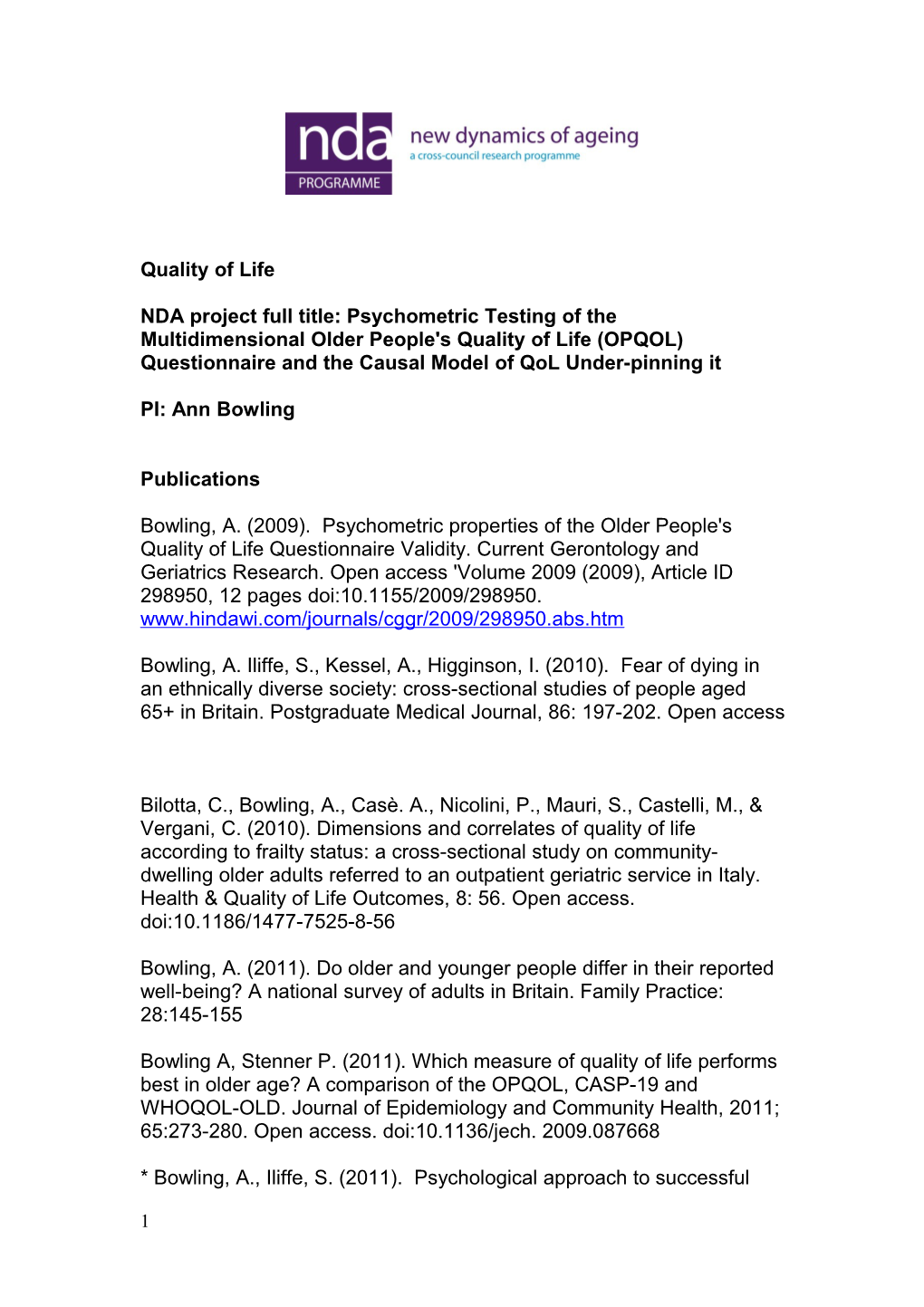 NDA Project Full Title: Psychometric Testing of the Multidimensional Older People's Quality