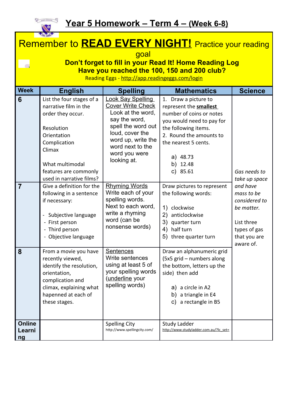 Year 5 Homework Term 4 (Week 6-8)