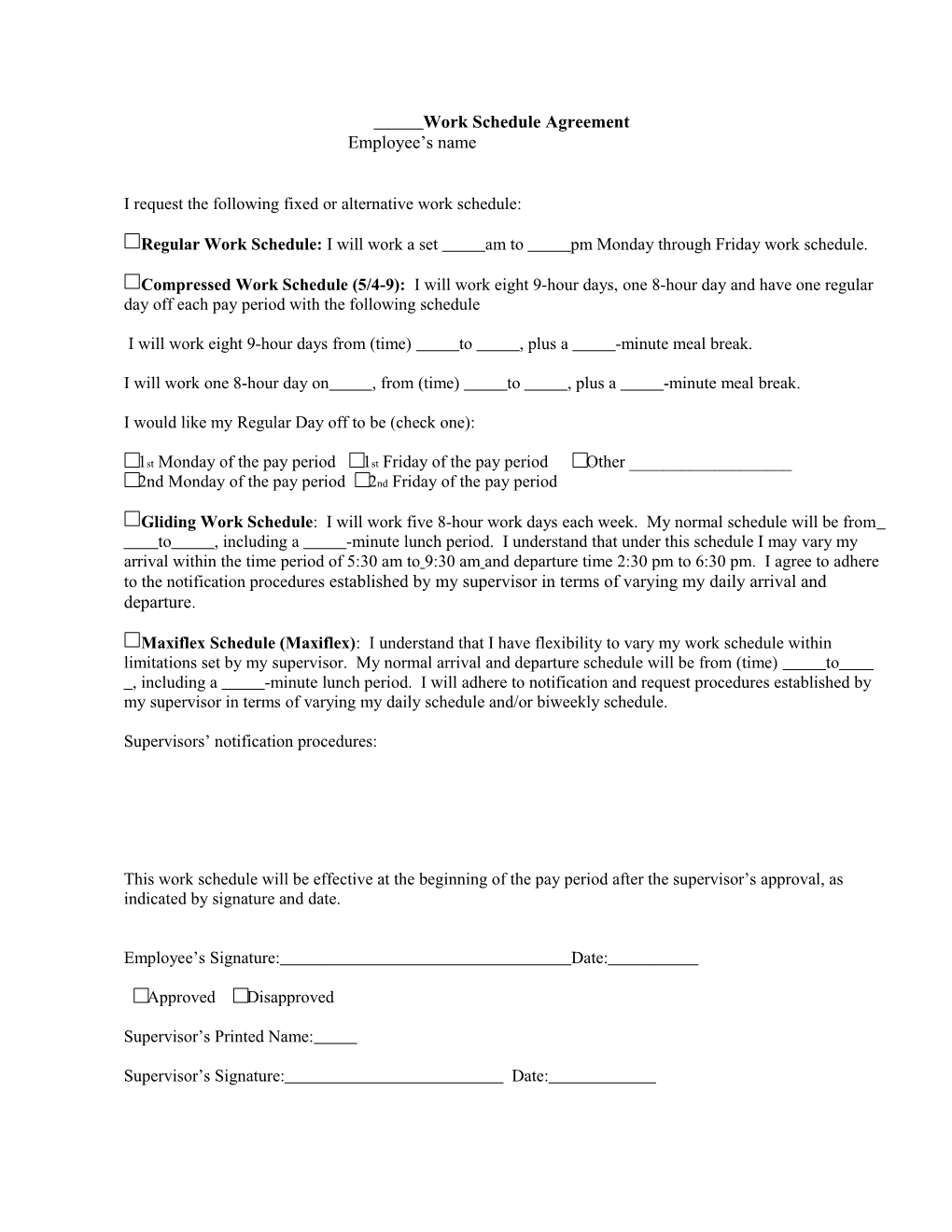 Work Schedule Agreement