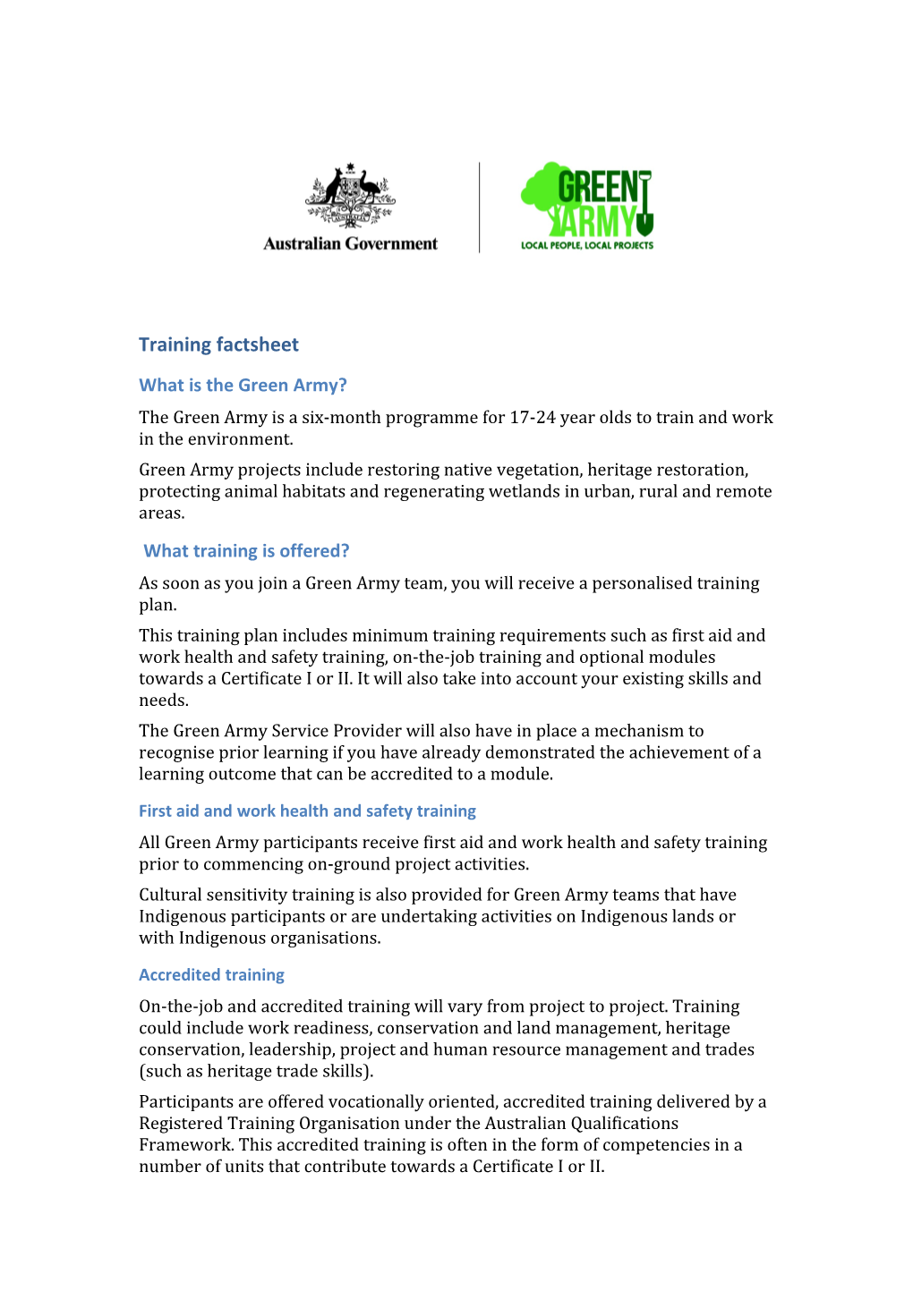 Green Army Training Fact Sheet