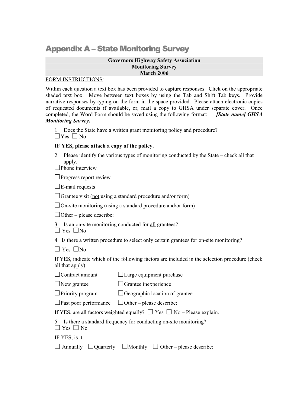 Appendix a State Monitoring Survey