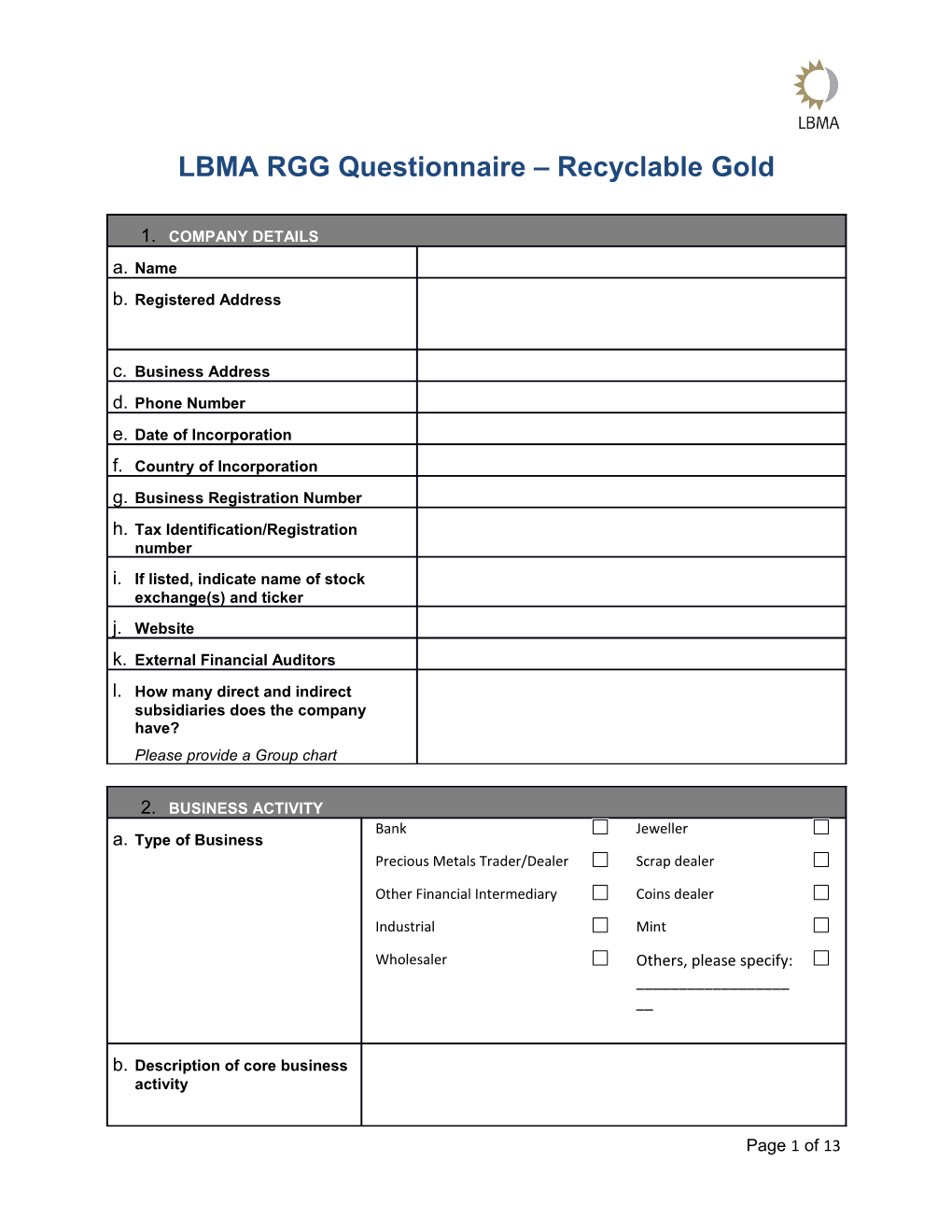 LBMA RGG Questionnaire Recyclable Gold