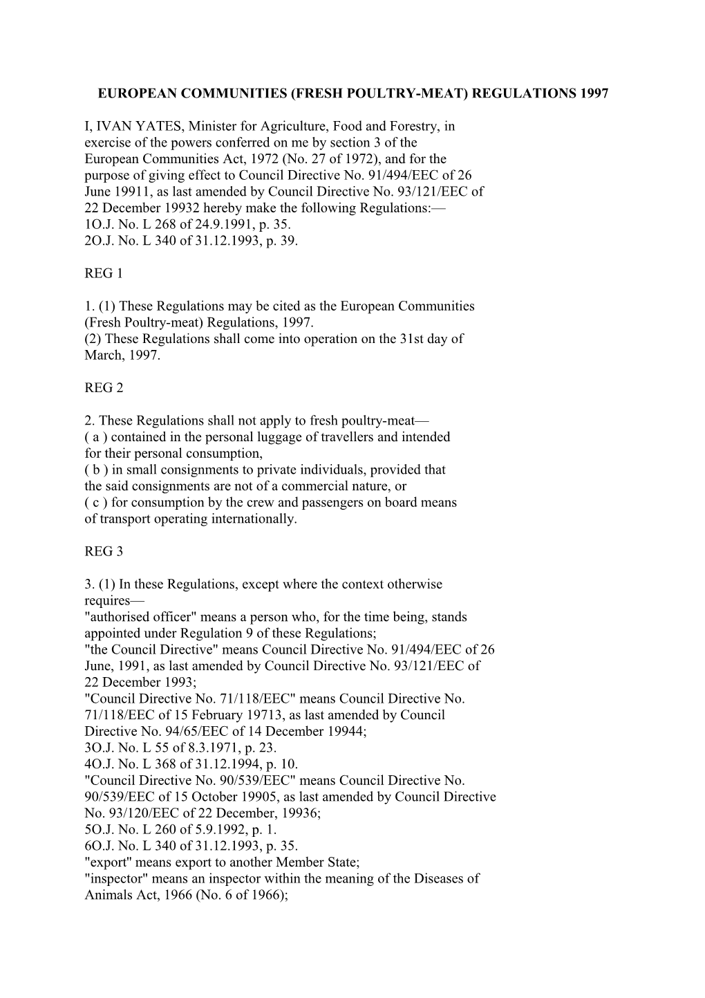 European Communities (Fresh Poultry-Meat) Regulations 1997