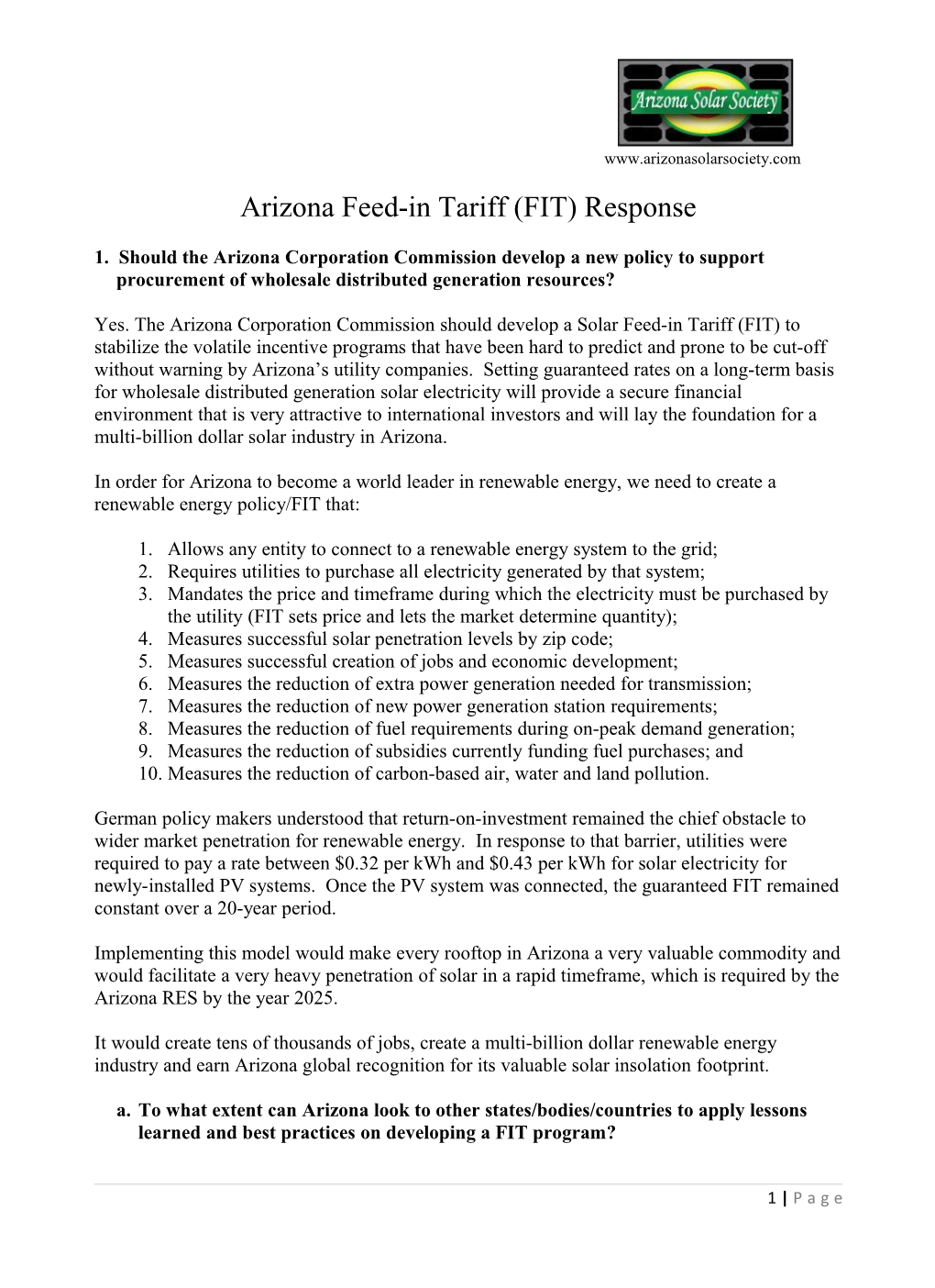 Arizona Feed-In Tariff (FIT) Response