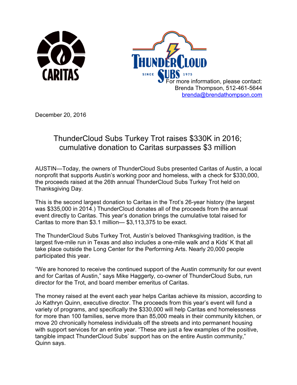 Thundercloud Subs Turkey Trot Raises $330K in 2016;