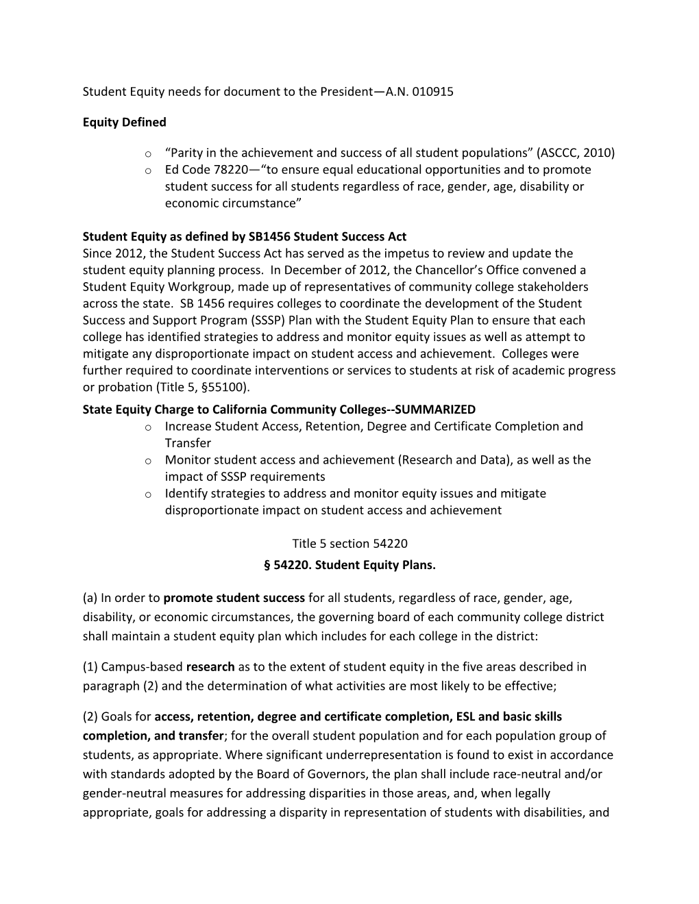 Student Equity Needs for Document to the President A.N. 010915