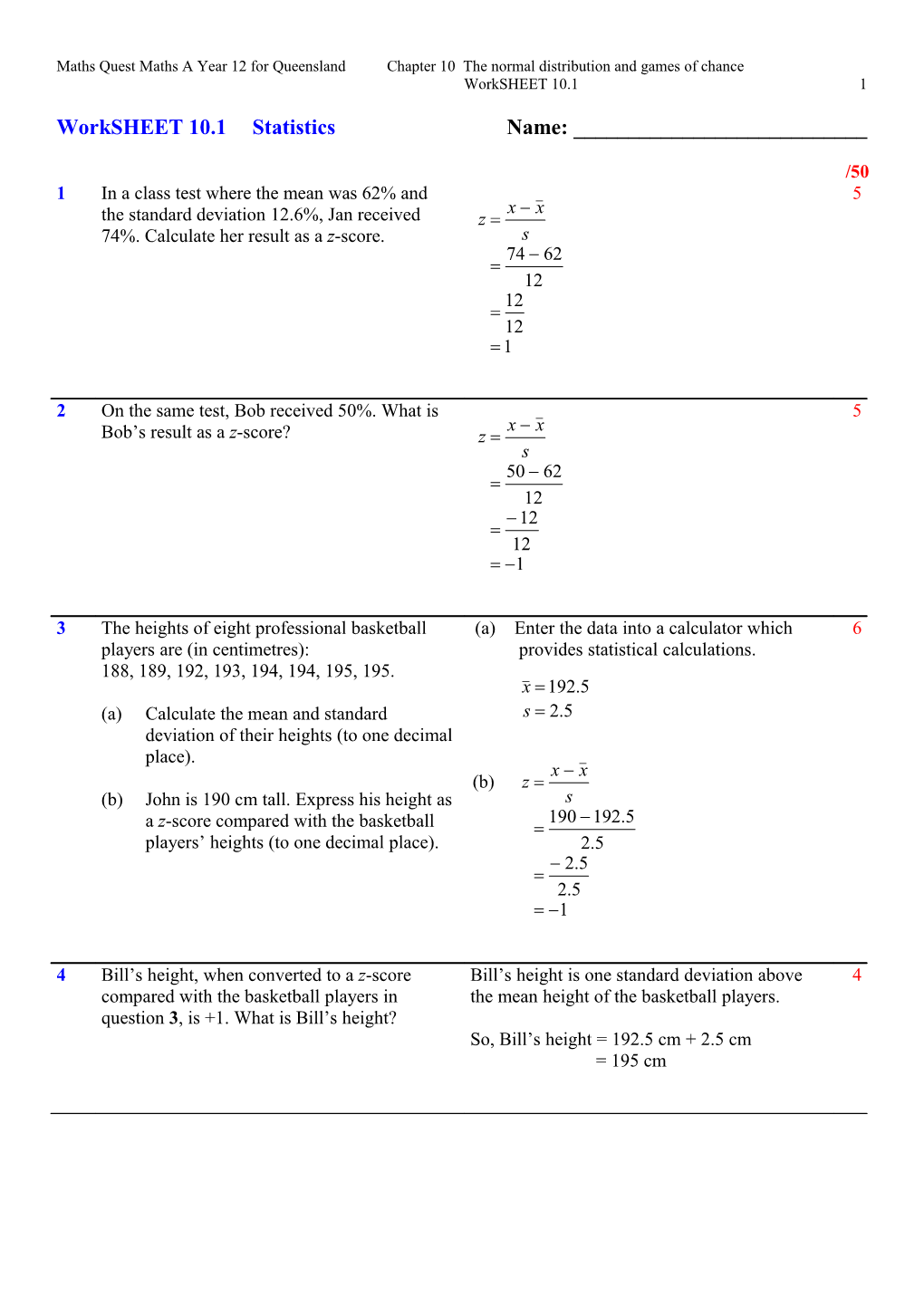 Maths Quest Maths a Year 12 for Queensland Chapter 10 the Normal Distribution and Games